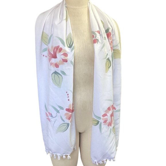 Dancing Gecko Hawaii Scarf Tropical Floral Print Pom pom Trim 148G - Picture 1 of 6